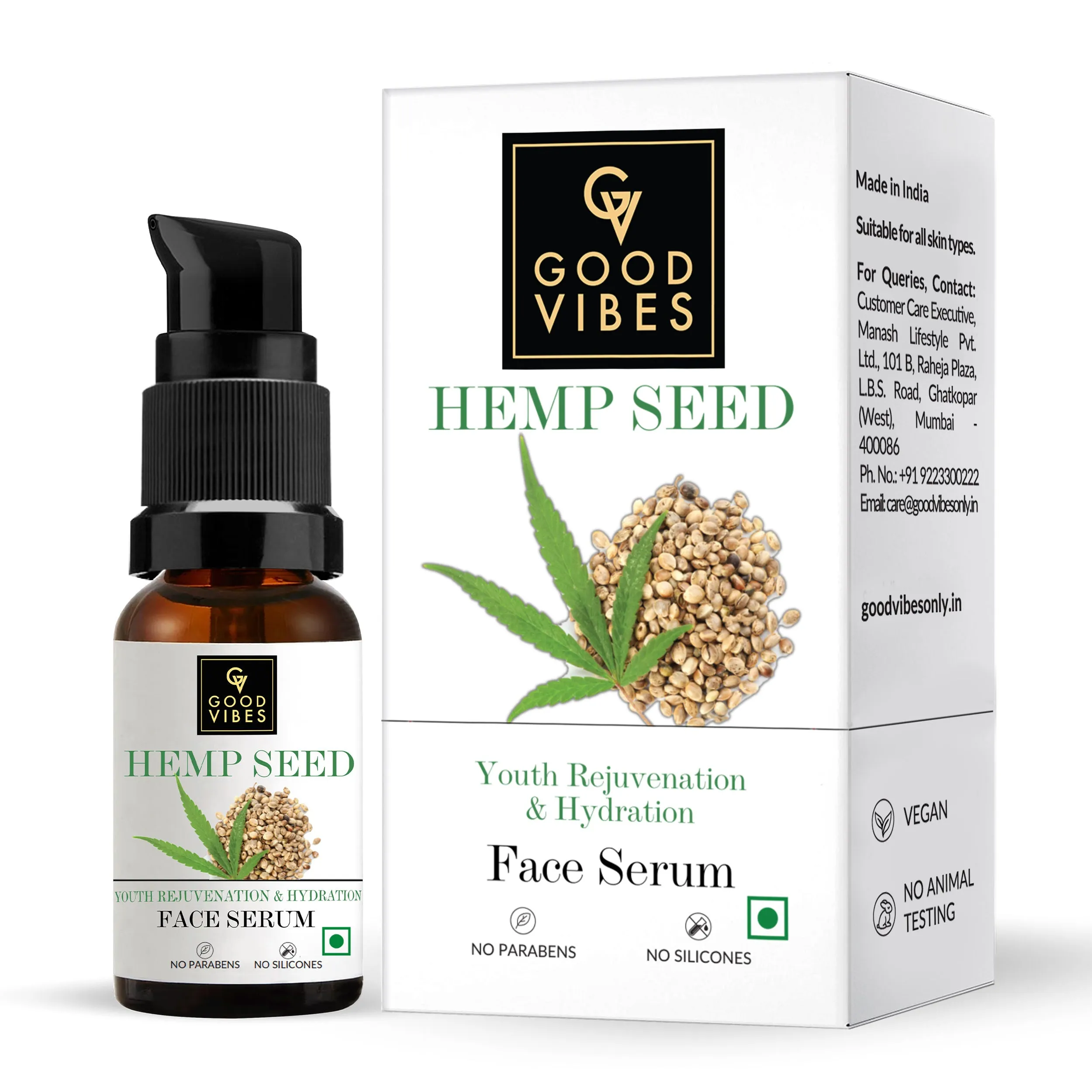 Good Vibes Hemp Seed Hydrating Face Serum | Moisturizing , Anti-Ageing | Vegan, No Parabens, No Sulphates, No Silicones, No Animal Testing (10 ml)