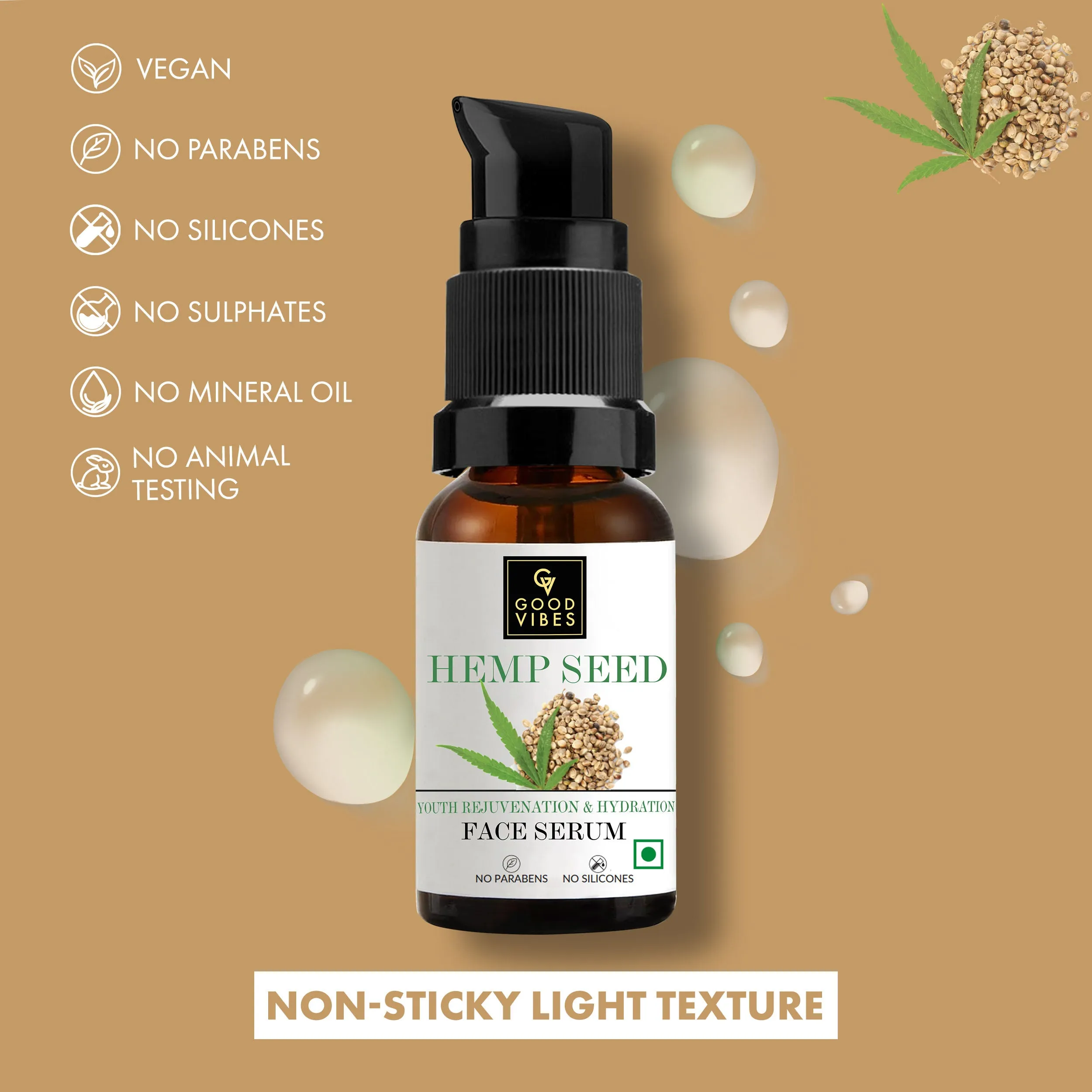 Good Vibes Hemp Seed Hydrating Face Serum | Moisturizing , Anti-Ageing | Vegan, No Parabens, No Sulphates, No Silicones, No Animal Testing (10 ml)