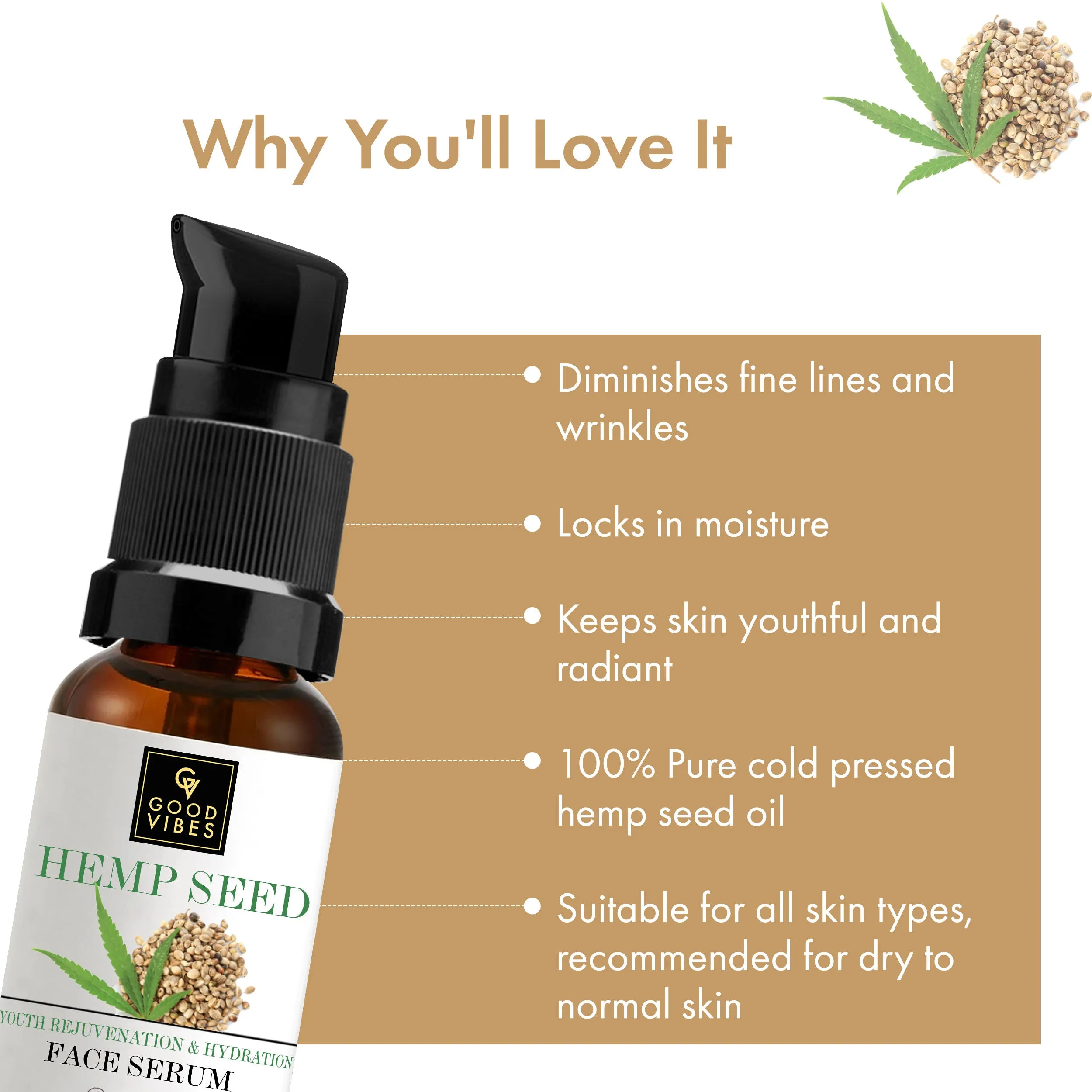 Good Vibes Hemp Seed Hydrating Face Serum | Moisturizing , Anti-Ageing | Vegan, No Parabens, No Sulphates, No Silicones, No Animal Testing (10 ml)