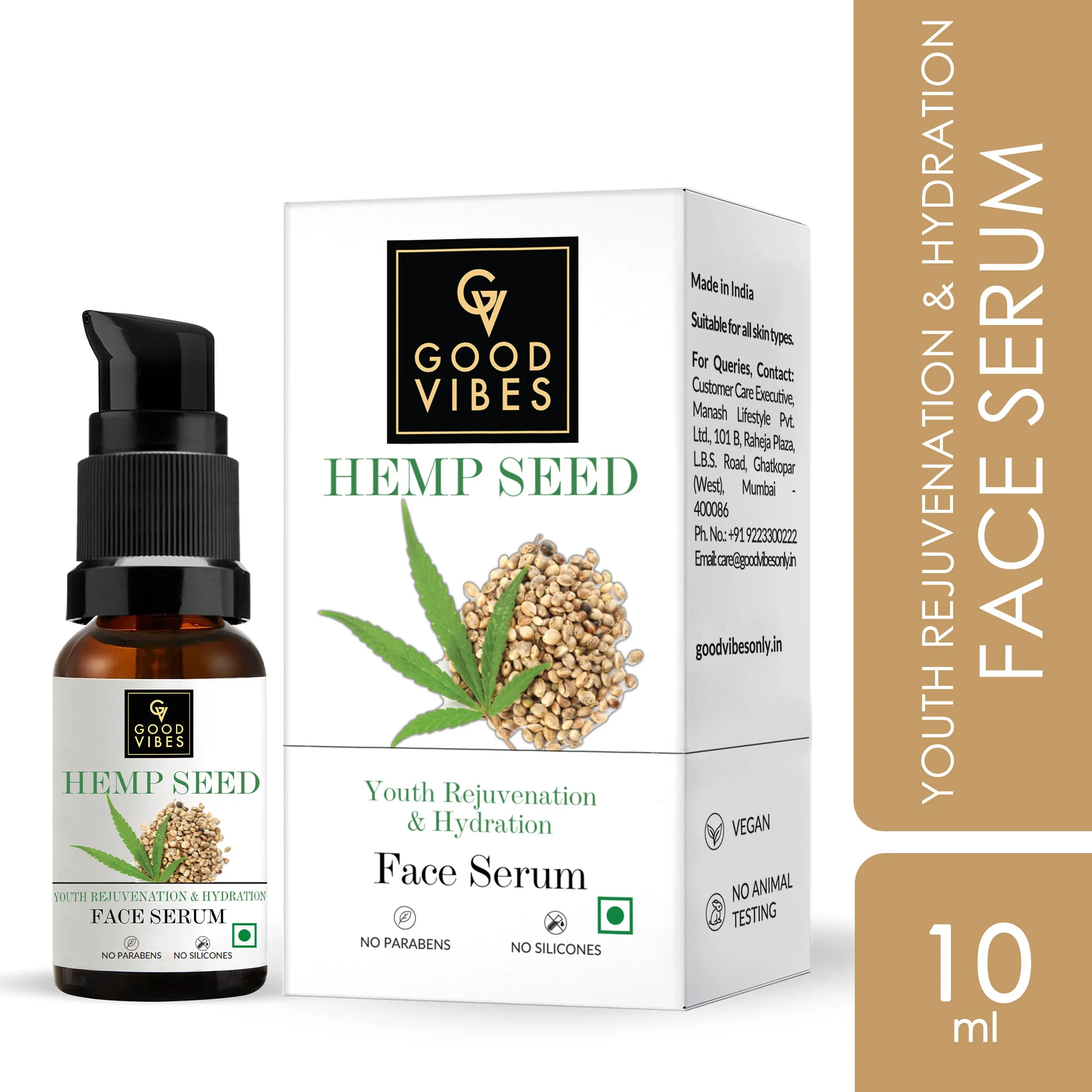 Good Vibes Hemp Seed Hydrating Face Serum | Moisturizing , Anti-Ageing | Vegan, No Parabens, No Sulphates, No Silicones, No Animal Testing (10 ml)