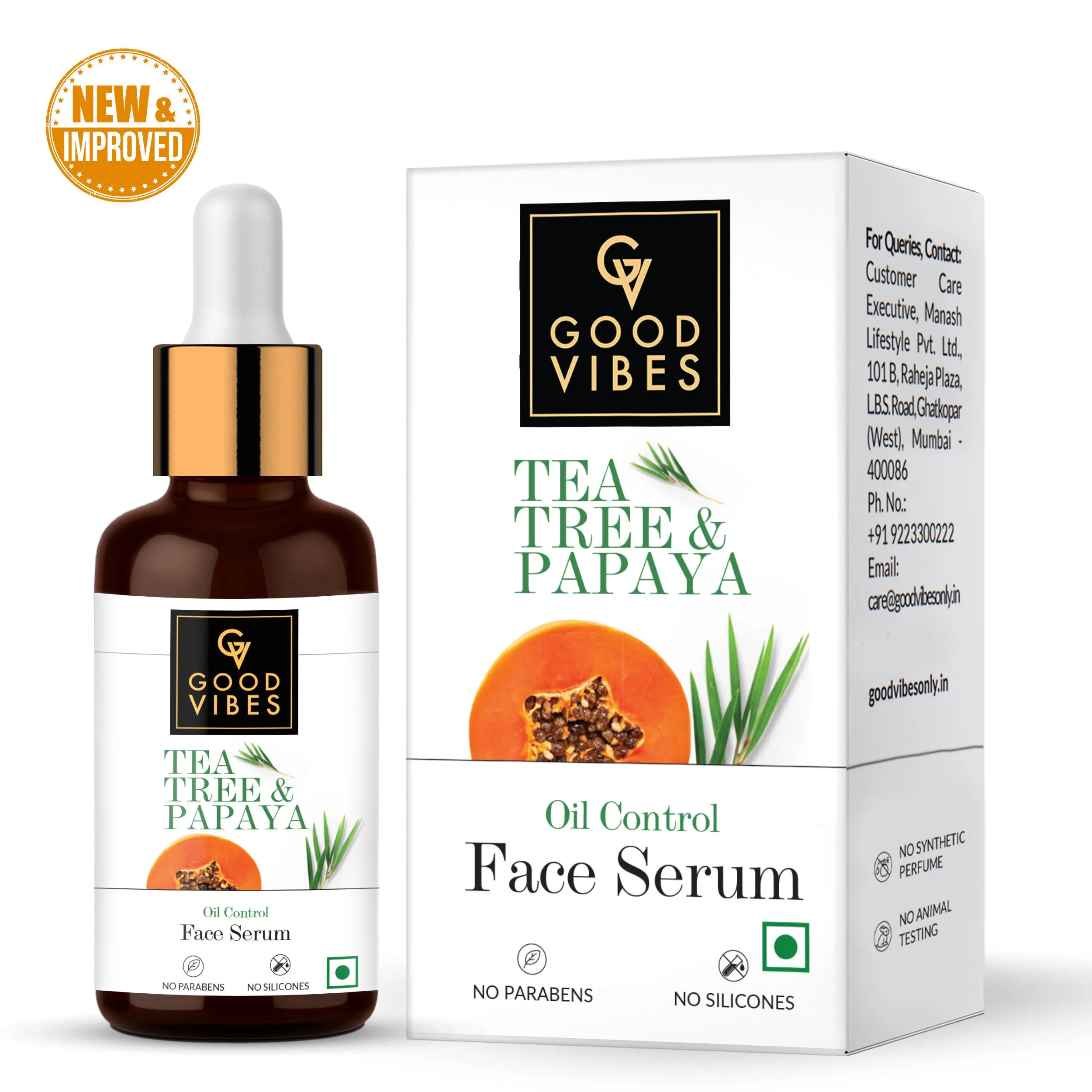 Good Vibes Tea Tree & Papaya Oil Control Serum | Even Skin Tone, Brightening | With Castor Oil | No Parabens, No Sulphates, No Mineral Oil (30 ml)