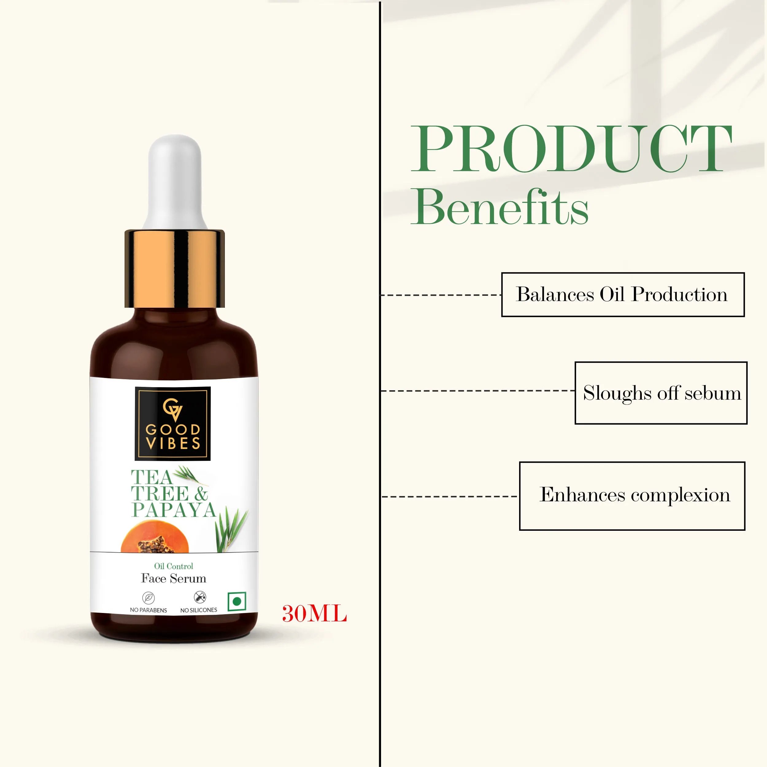 Good Vibes Tea Tree & Papaya Oil Control Serum | Even Skin Tone, Brightening | With Castor Oil | No Parabens, No Sulphates, No Mineral Oil (30 ml)