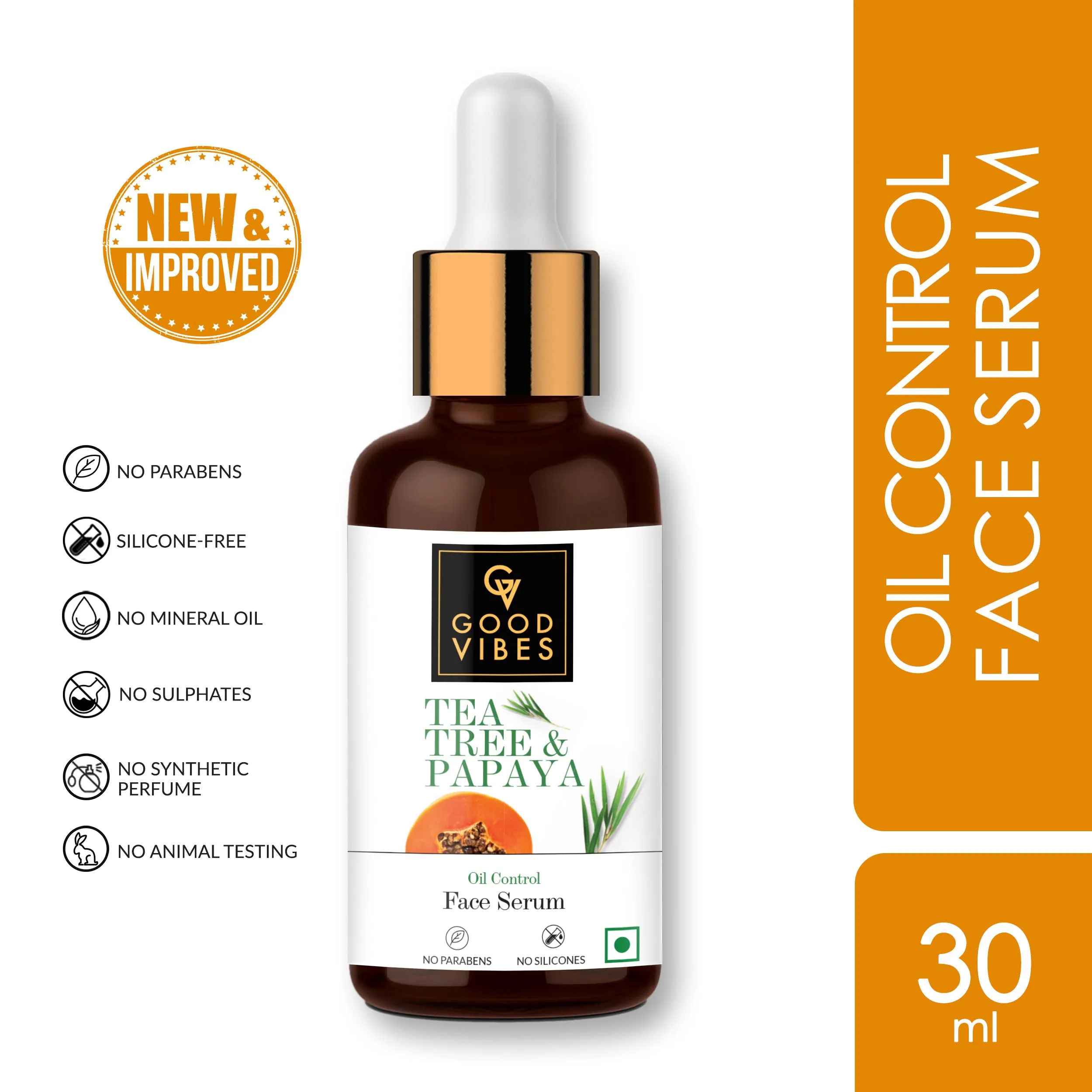 Good Vibes Tea Tree & Papaya Oil Control Serum | Even Skin Tone, Brightening | With Castor Oil | No Parabens, No Sulphates, No Mineral Oil (30 ml)